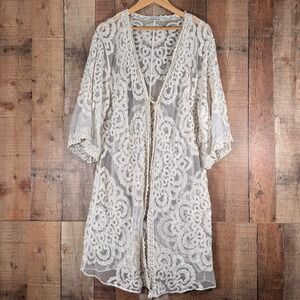 Veveret Womens Cream Lace Sheer Kimono Cardigan Cover Up Size M/L Boho Mesh